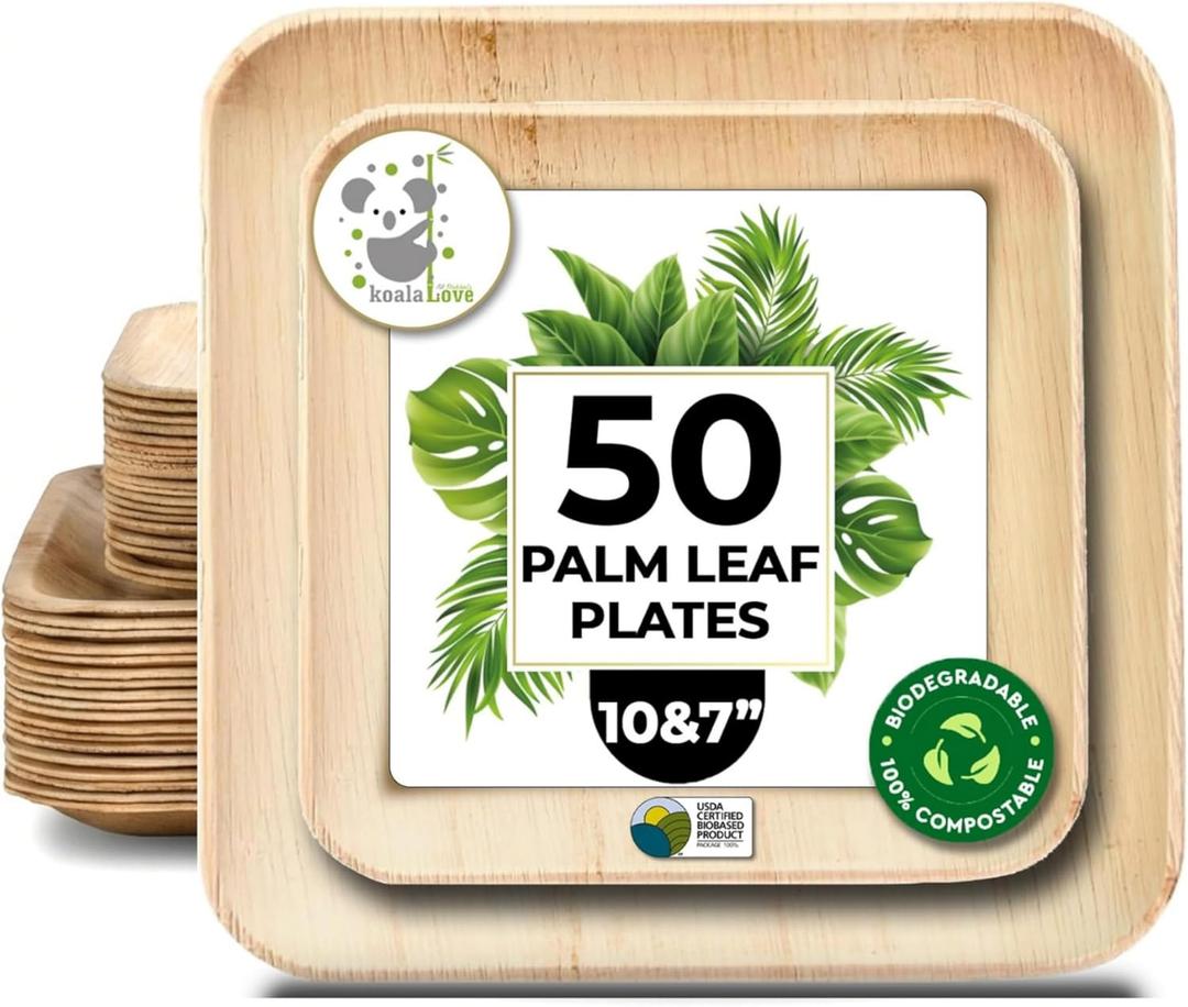 Koala love Palm Leaf Plate Bamboo Paper Plates Disposable 10 Inch & 7 Inch Bulk Party Pack Eco Compostable Biodegradable Wooden Plate Best Alternative To Plastic Paper Plates (50 Pc)