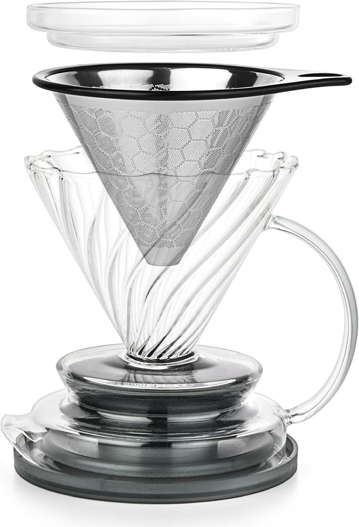 Pour Over Coffee Maker Borosilicate Glass Dripper with Stainless Steel Reusable Filter, Manual Eco Brewer, Plastic-Free Non-Toxic Coffee Station, Innovation Infuser for Daily Brewing