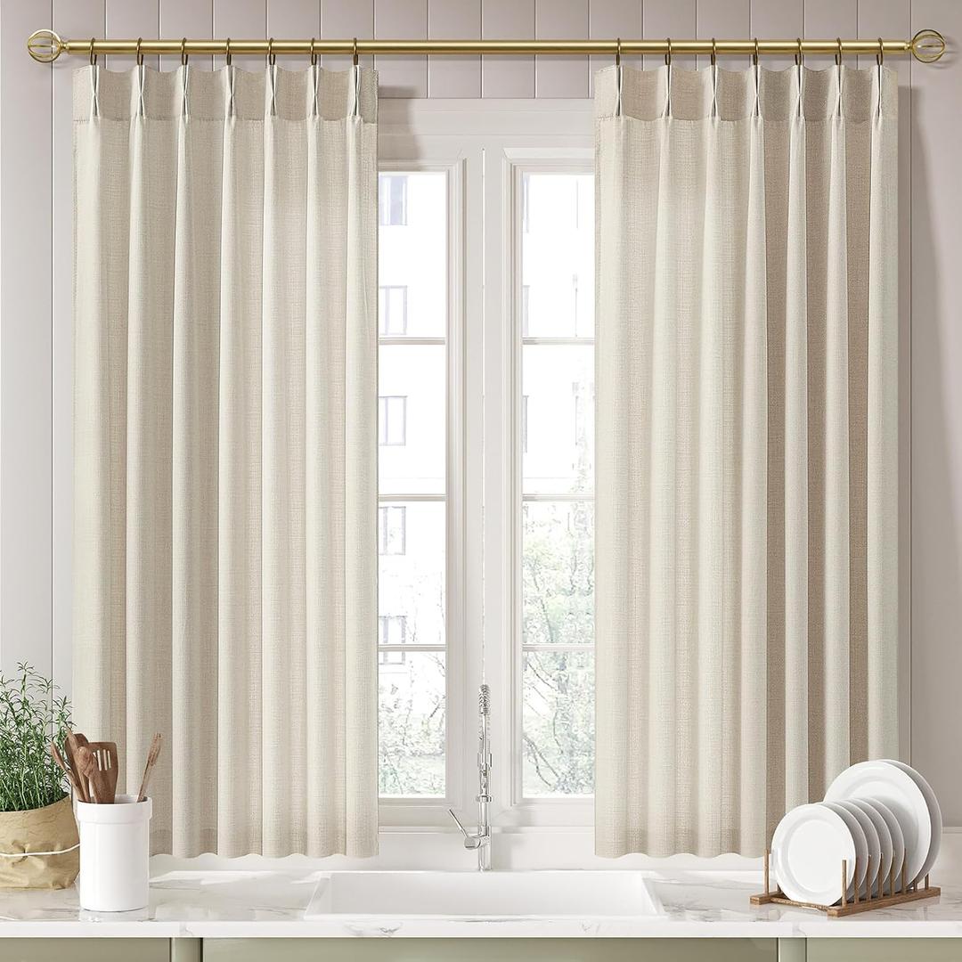 Pleated Memory Shaped Natural Linen Curtains Short, Pinch Pleat Light Filtering 45 inch Curtain with Hooks Privacy for Kitchen Cafe Small Window Back Tab Drape Home Decor 3-3/4FT Panels x 2 (Soft Cream)