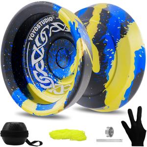 F25 Finger Spin Yoyo Professional Responsive Yoyo for Kids 8-12, Professional Yo Yo for Adults with Unrsponsive Yoyos Accessory Kit, 10 Yo-Yo Strings, Case & Glove - Black Blue Yellow