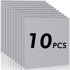 Pokiiulk Classic Baseplates Building Plates-Pack of 10 Large 10" x 10" Building Bricks Compatible with All Major Brands,Perfect STEM Gift for Builders Age 3+,Grey