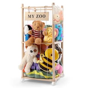 GLDZI Stuffed Animal Storage Zoo with Wheels, Wooden Stuffed Animal Organizer with Elastic Cords, Space Saving Toy Plushies Storage Holder for Playroom, Bedroom, Living Room(Burlywood, Small)