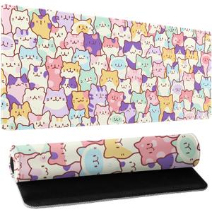Kawaii Large Mouse Pad 31.5x11.8 Inches XL Extended Gaming Mousepad Funny Cute Cat Desk Mat, Long Computer Keyboard Mouse Mat Non-Slip Base Desk Pad Stitched Edges for Home Game Office Work