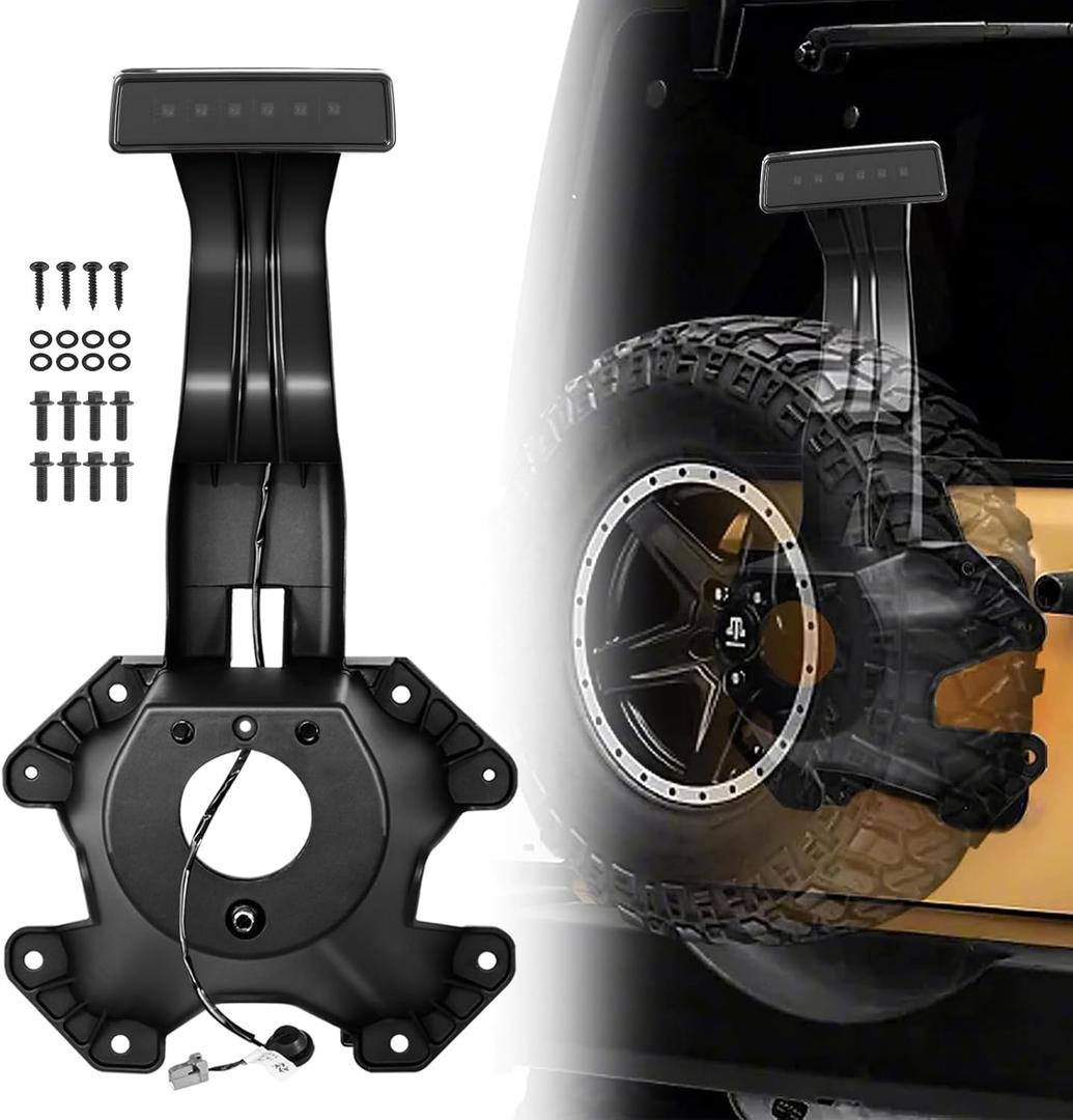 Spare Tire Holder Mounting Bracket Tire Carrier Bracket with Screws ＆ Third Center High Mount Brake Light with Wiring Harness Compatible with 2007-2018 Jeep Wrangler JK Replace# 55397217AJ (Black)