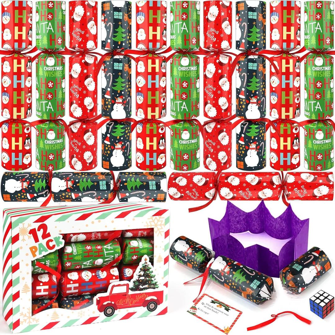 12 Pack Christmas No-Snap Party Table Favors, Christmas Themed Holiday Supplies with Party Hat, Joke & Little Gift Inside for Kids and Adults, Xmas Gift, Holiday Party Supplies for Dinner Tables