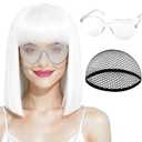 Plulon White Bob Wig with Bangs, Short Straight Bob Wig with Heart Sunglasses 12 Inch Shoulder Length Heat Resistant Synthetic Hair for Women Natural Look Daily Use Cosplay Halloween Costume Party