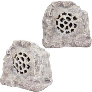 Alpine Corporation QLP542SLR-BG-2 Solar White Outdoor Bluetooth 5.0 Rock Speaker, Audio for Pool, Deck, & Patio, 11" H, Set of 2 (Beige)