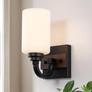 Mecgirn 1-Light Milk Glass Wall Sconces, Farmhouse Vanity Light Fixtures for Bathroom, Black and Wood Wall Lighting, Wall Sconce for Hallway, Entryway, Bedroom, Living Room