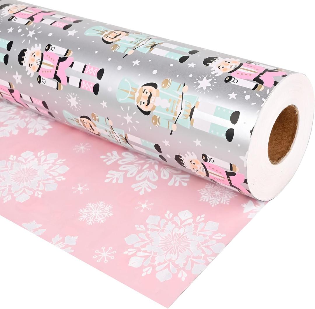 Altarho Christmas Wrapping Paper Jumbo Roll Printed on Pearlized Sliver Paper - Reversible Nutcracker and Snowflakes for Xmas, Holiday, Party Celebration (Pearlized Sliver Nutcracker, 17 Inch X 100Feet)