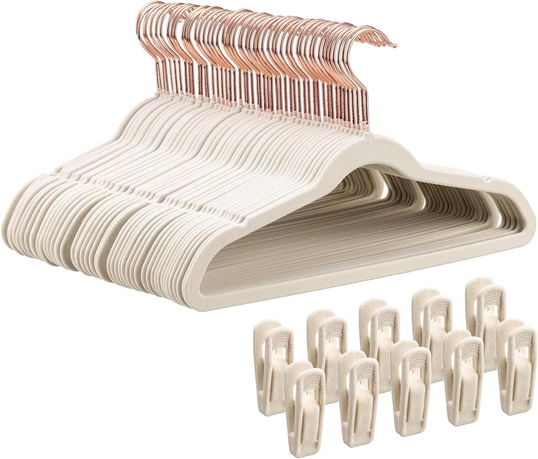Tonswachic 50-Pack 14 Inch Children's Closet Hangers with 10 Clips - Soft Velvet Non-Slip Hangers for Kids & Teen Clothes (Beige)