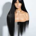Long Wig With Bangs Long Yaki Straight Wig With Curtain Bangs 30 Inch Black Synthetic Hair Wig Natural Looking For Party Cosplay Daily (1B)