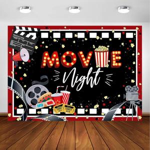Avezano Movie Night Backdrop Black and Red Movie Theme Party Decorations Cinema Theme Photography Background Birthday Banner Supplies (7x5ft)
