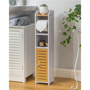 AOJEZOR Toilet Paper Holder Stand: Small Bathroom Storage Cabinet- White&Bamboo