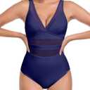 RELLECIGA Womens Mesh One Piece Swimsuit V Neck Tummy Control Bathing Suit Slimming Swimwear (M)
