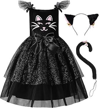 ReliBeauty Black Cat Costume for Girls Kitty Costume Halloween Toddler Dress with Accessories, 4T4/110