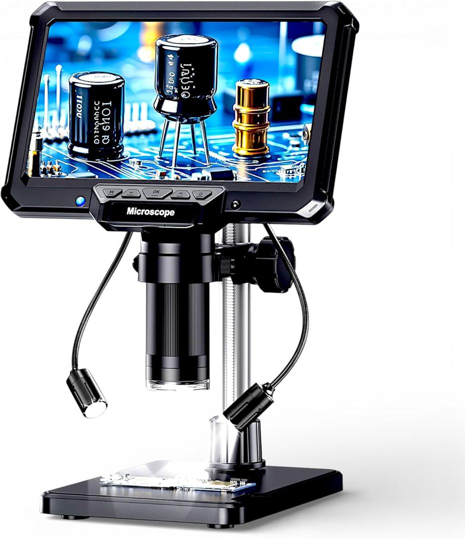 Aikokkl 7" Digital Soldering Microscope with Remote for Electronics Repair, 1200X IPS Screen PCB Magnifier, 16M 1080P HDMI/USB Output, 2 Gooseneck Side Lights for SMD Microsoldering (MK7)