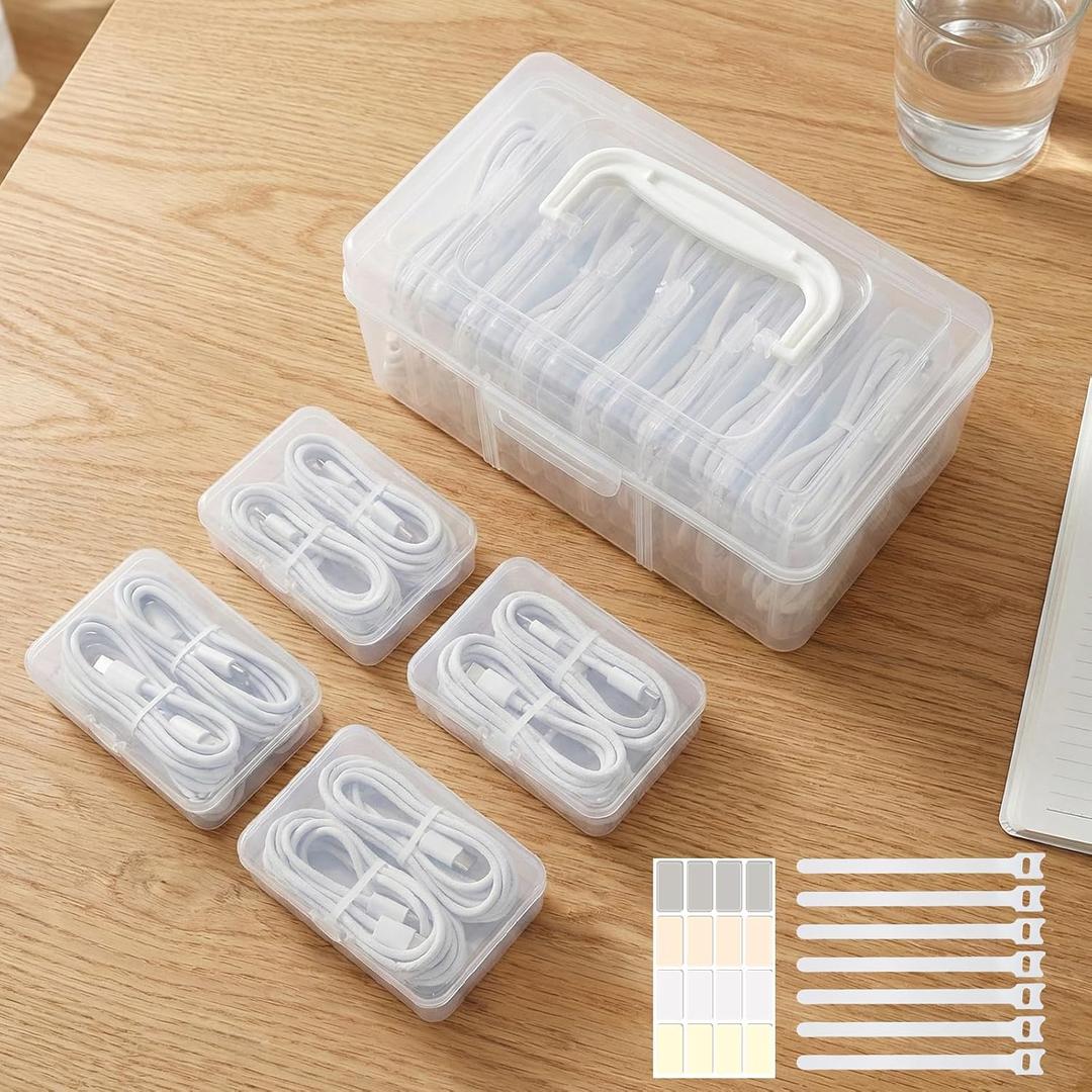 Portable Cord Organizer Box with Handle, 7 Clear Cable Storage Cases and Labels, Travel Cable Holder for Charging Cords, USB Wires, Earphones Home Desk Drawer Organizer (Type A)