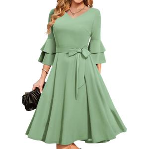 DRESSTELLS Women's Cocktail Dress Summer Wedding Guest Party Vintage 3/4 Bell Sleeve V Neck A-Line Dress (Green, XXXL)