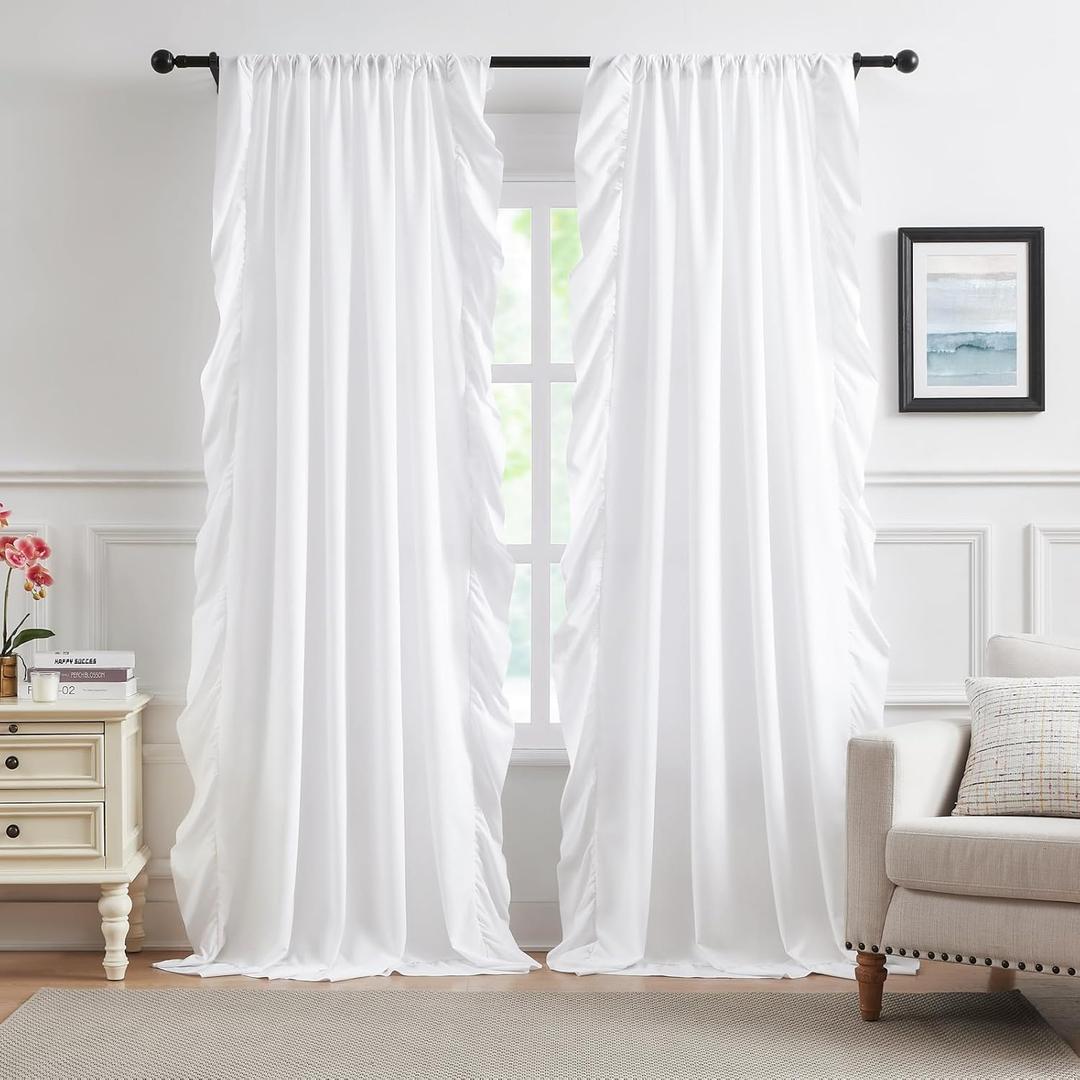 White Ruffle Curtains 96 Inches Long for Bedroom Living Room Rod Pocket Light Filtering Romantic Victorian Ruffle Curtains for Girls Room Basement Window Privacy Rural Decor, 2 Panels, 52x96