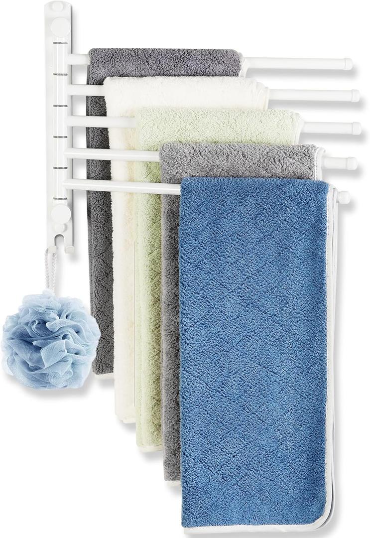 Swivel Towel Rack, 12.6 Inch Towel Bar with Wall Mounted 180 Rotation, 5 Arms Towel Hanger SUS 304 Stainless Steel, Space Saving for Kitchen, Bathroom, Outdoor, White