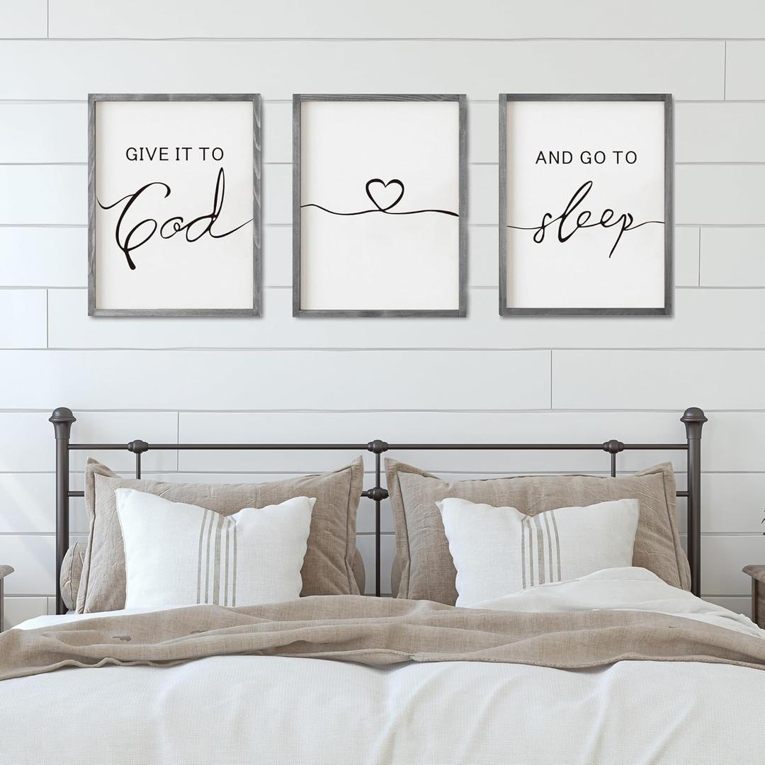 Set of 3 Framed Farmhouse Give it to God and Go to Sleep Signs 11x14 Above Bed Wall Decors for Bedroom Wood Signs (11x14 inches, Gray)