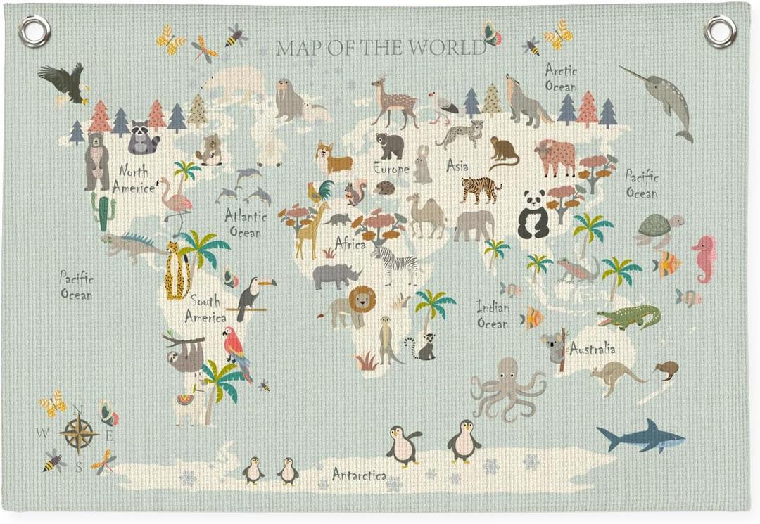 DDYGZYW World Map Banner for Kids Wall Art,World Maps for Wall,World Map Cute Animal Tapestry Wall Hanging Banner Flag Decor for Kids Room Classroom Nursery Homeschool 30x20 Inch
