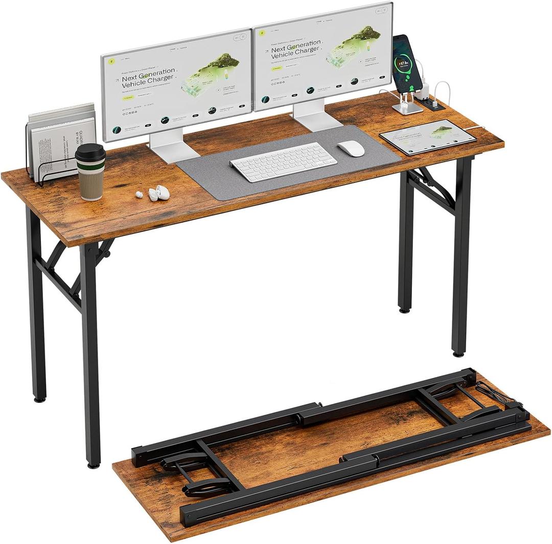 TEMI Long Computer Desk Folding Table - No Assembly, Compact 55" Foldable Desk with Power Outlets & USB Charging Port, Portable Lagre Office Desk, Ideal Large Study Table for Narrow Spaces, Brown, 55.1 Inch