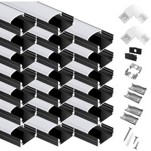 20-Pack 3.3ft/1Meter U Shape Black LED Aluminum Channel System with Milky Cover, End Caps and Mounting Clips, Aluminum Channel Profile for LED Strip Light Diffuser Installations (20pack*3.3ft)