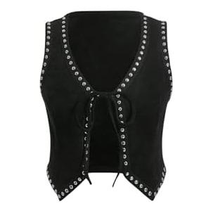 Verdusa Women's Western Cowgirl Vest Tie Front V Neck Grunge Asymmetrical Sleeveless Jacket Outerwear, Large
