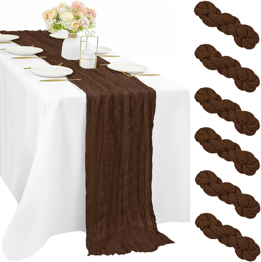 6 Pcs Cheesecloth Table Runner 10FT Brown Runner for Tables Gauze Fabric 35 x 120 Inches Long Boho Table Runner Decor Rustic Sheer Runner for Wedding Birthday Bridal Shower Party (Brown)