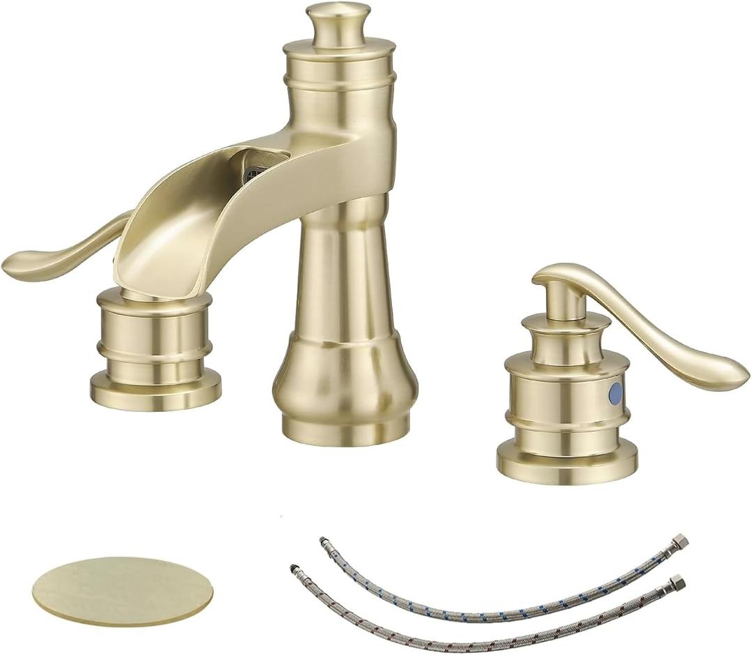 BWE 8 Inch Widespread Bathroom Faucet Brushed Gold Waterfall Bathroom Faucet 3 Hole 2 Handle Modern Basin Lavatory Vanity Sink Faucet with Pop Up Drain Assembly and Supply Hose (6.81 inch Widespread Version)