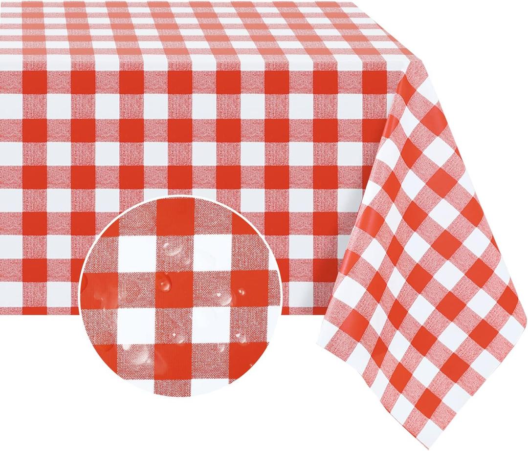 Romanstile 100% Waterproof PVC Tablecloth, Checkered Rectangle Oil Spill Proof Vinyl Table Cloth, Heavy Duty Wipeable Table Covers for Dining, Camping, Picnic, Parties - 60x102 Inch, Red and White