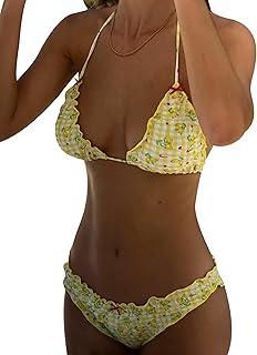 Women Y2k Bikinis Sets Coquette Aesthetic Bows Halter Tie Up Bikini Top High Cut Elastic Waist Bikini Bottom, Lemon Print, Medium Size