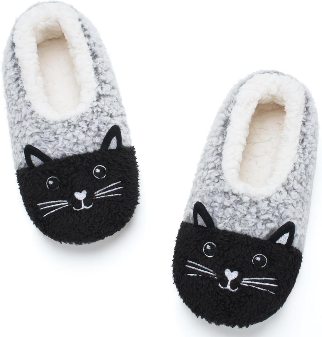 Cozylook Cute Animal House Slippers - Fuzzy Warm Bedroom Slipper Socks Non-Slip Grippers with Funny Face Designs, Fun Christmas Gifts Unique (4-6 Big Kid, Grey Cat)