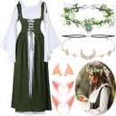 Bonuci 6 Pcs Medieval Renaissance Fairy Costume Women Halloween Elf Cosplay Outfits Victorian Dress Elf Ears Fairy Headpiece (Green, XL)