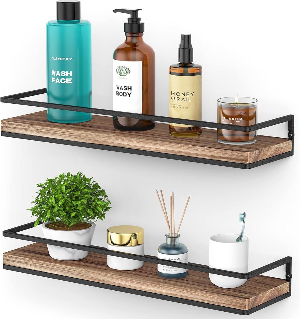 Meangood Floating Shelves Wall Mounted Set of 2, Rustic Wood Wall Storage Shelves for Bedroom, Living Room, Bathroom, Kitchen Torched Wood