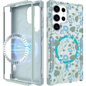 for Samsung Galaxy S25 Ultra Case - [Compatible with MagSafe] Women Cute Girls Magnetic Protective Phone Cover Blue Flowers Unique Heavy Duty Shockproof Funda para Samsung S25 Ultra Cases