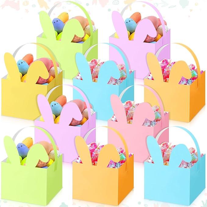 Kolldenn 120 Pcs Small Easter Basket Bulk Mini Pastel Bunny Candy Boxes with Handle, Gift Basket Containers, Candy Goody Cookie Treat Box for Easter Spring Party Favor