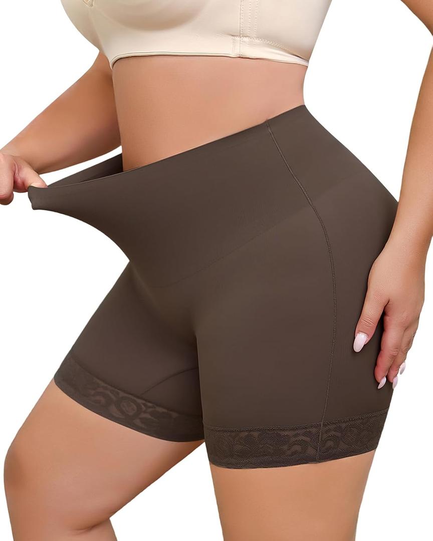 Shapewear for Women Tummy Control Shapewear Shorts Mid Waisted Seamless Slimming Underwear with Lace (Brown, XL)
