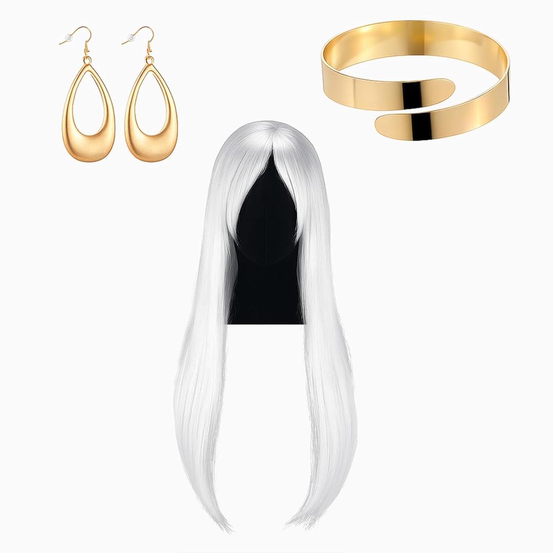 Crowye Anime Cosplay Costume for Halloween Princess Costume Accessories Anime White Cosplay Wig Egypt Arm Cuff Bracelet Gold Earrings Greek Goddess Set for Halloween Dress up Princess, Fantasy Parties
