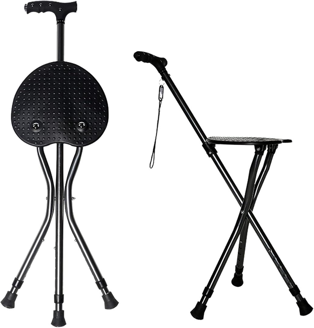 Hold 440 lbs Folding Canes with Seat Walking Stick Height Adjustment Cane Seat Capacity Frosted Handle with Magnetic Therapy Stone Crutches Stool (Black)