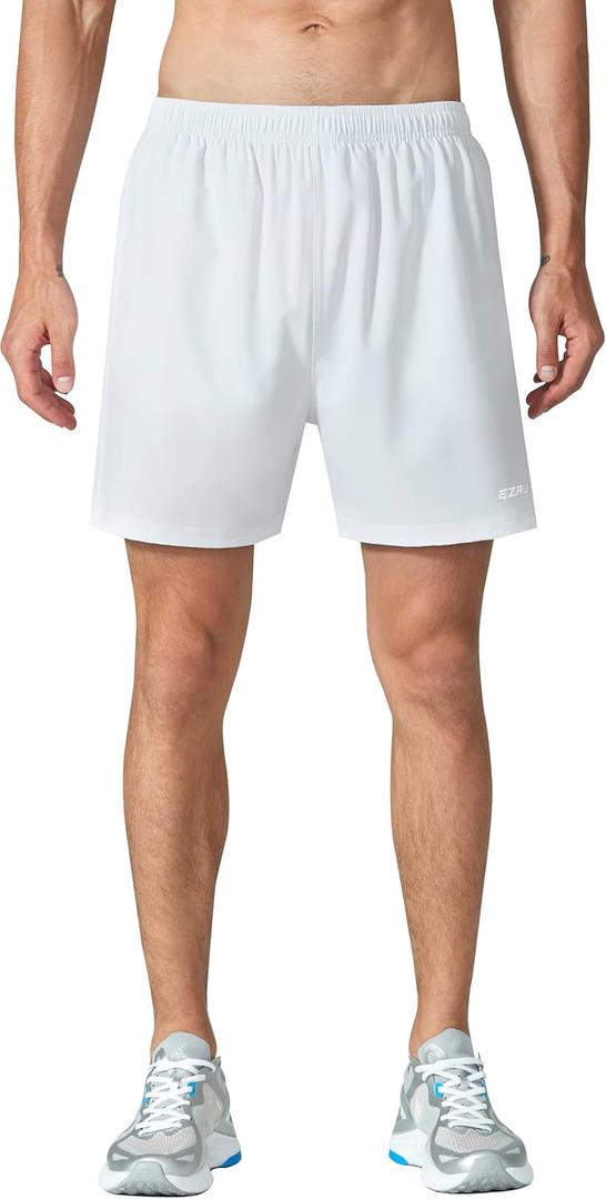 EZRUN Men's 5 Inches Running Workout Shorts Quick Dry Lightweight Athletic Shorts with Liner Zipper Pockets (Large, White)