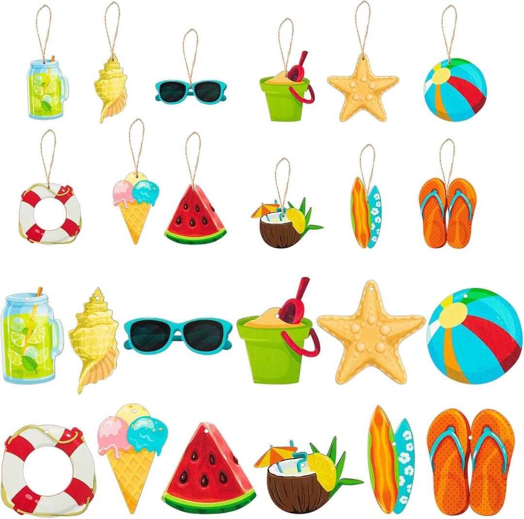 Summer Wooden Hanging Ornaments, 37 Summer Hawaiian Beach Decorations Tree Door Ornaments with String Holiday Party Decorations Painted Ice Cream Watermelon Themed Party Supplies