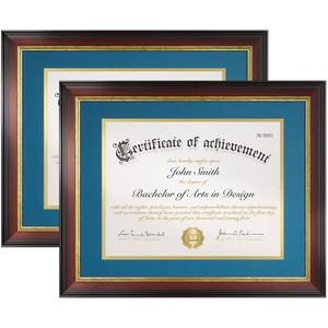 FrameMind 8.5x11 Diploma Frame with Blue over Gold Acid-free Mat or Display 11x14 Document without Mat, Certificate Frame with Tempered Glass, Tabletop or Wall Mount (2 Pack, Mahogany/Blue)
