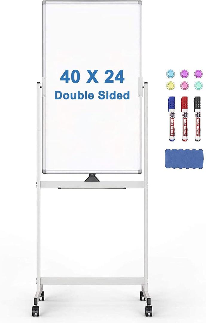 Rolling Whiteboard, 40" x 24" Magnetic Mobile White Board, Double Sided Dry Erase Board with Stand, Standing Whiteboard Easel on Wheels for Home School, Office and Classroom