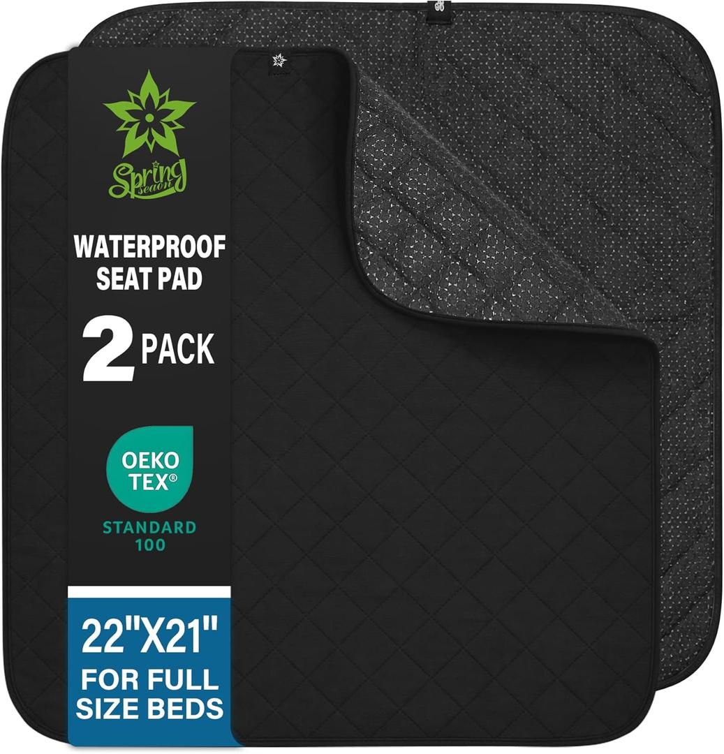 SPRING SEAON Waterproof Chair Pads for Adults & Elder, 22" x 21" Washable Reusable Incontinence Pads, Non-Slip Wheelchair Seat Cover for Bed, Car, Recliner & Protecting Patient Dignity (Black, 2 Pack)
