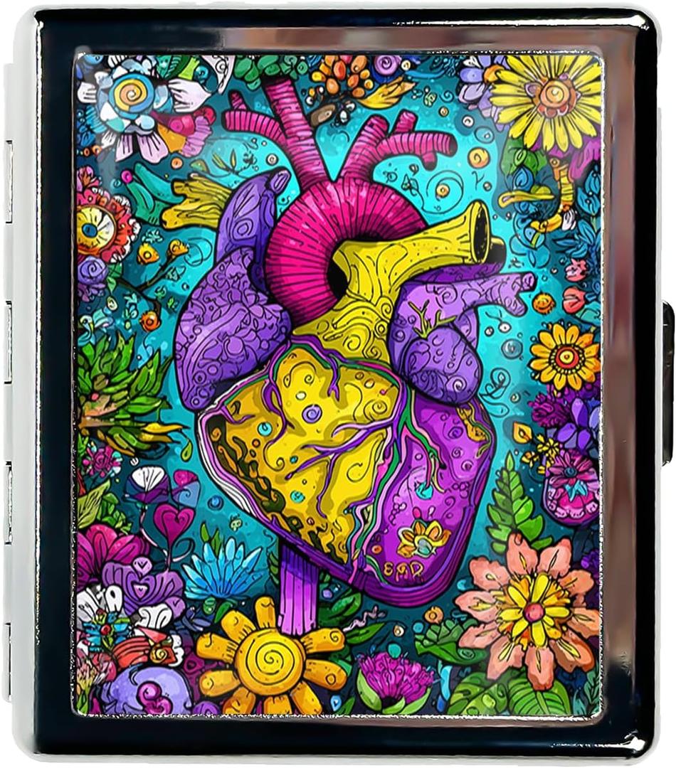 Metal Pill Organizer Box with Mirror  8 Compartment Chrome Pill Case, Pocket-Size Travel Pill Container for Vitamins, Seniors, Daily Use (Floral Anatomy of The Heart)