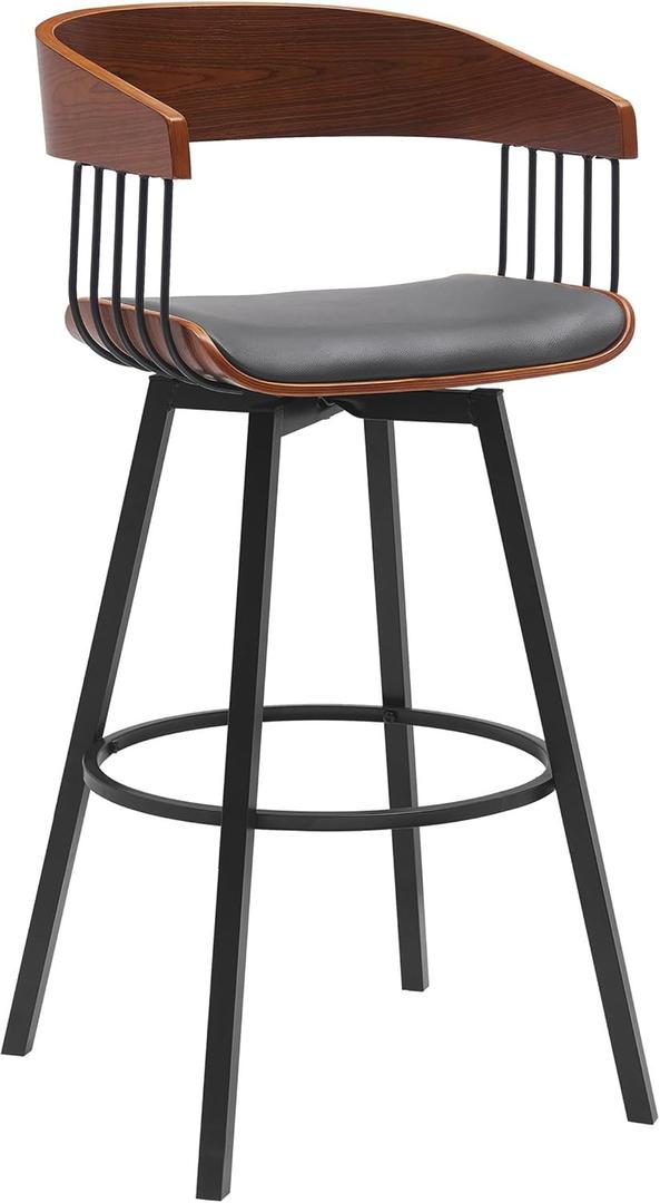 Benjara Vera 31 Inch Swivel Barstool Chair, Curved Open Back, Walnut, Brown, Gray and Black