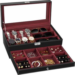 TomCare Watch Box 2-Tier Watch Case Jewelry Organizer Box with Thick Glass Lid Lockable Watch Organizer Jewelry Display Holder Sunglass Rings Necklaces Bracelets Storage Organizer for Men Women (Black and Wine Red)