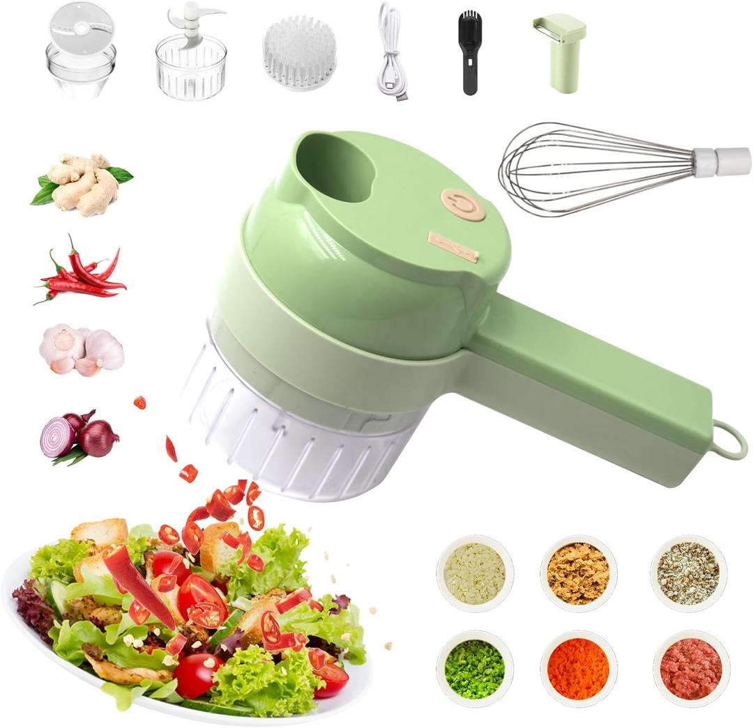 AXEDAES 4 in 1 Multi-Functional Portable Electric Vegetable Cutter Set, Wireless Vegetable Processor for Garlic, Peppers, Onions, Celery, Ginger, Meat, With Brush, Comes with Egg & Cream Beater